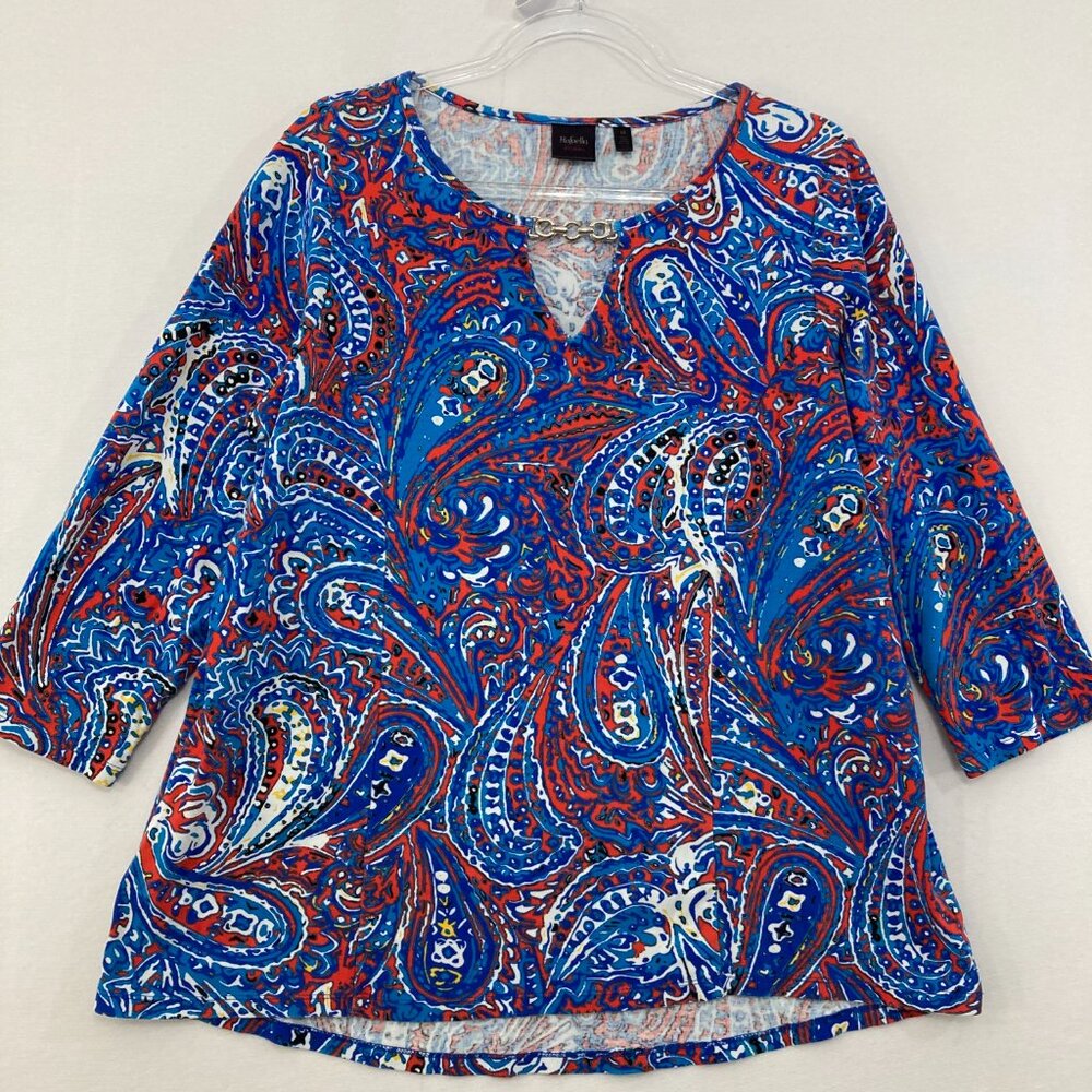 Rafaella Top size 1X Red Blue Paisley 3/4 Sleeve Stretch Popover Comfy Casual